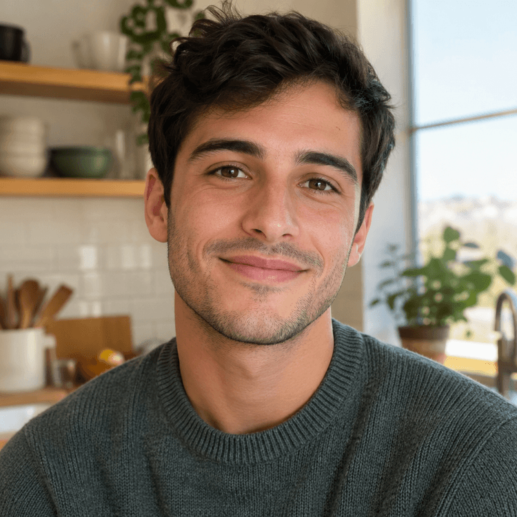 Rowan, with dark hair, a warm smile and a relaxed green sweater